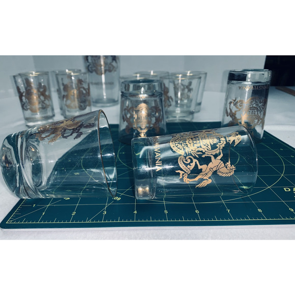 14 Pc Vtg Pennsylvania Coat of Arms Barware Set Shaker Glasses Gold Gilding NOS - Picture 11 of 15